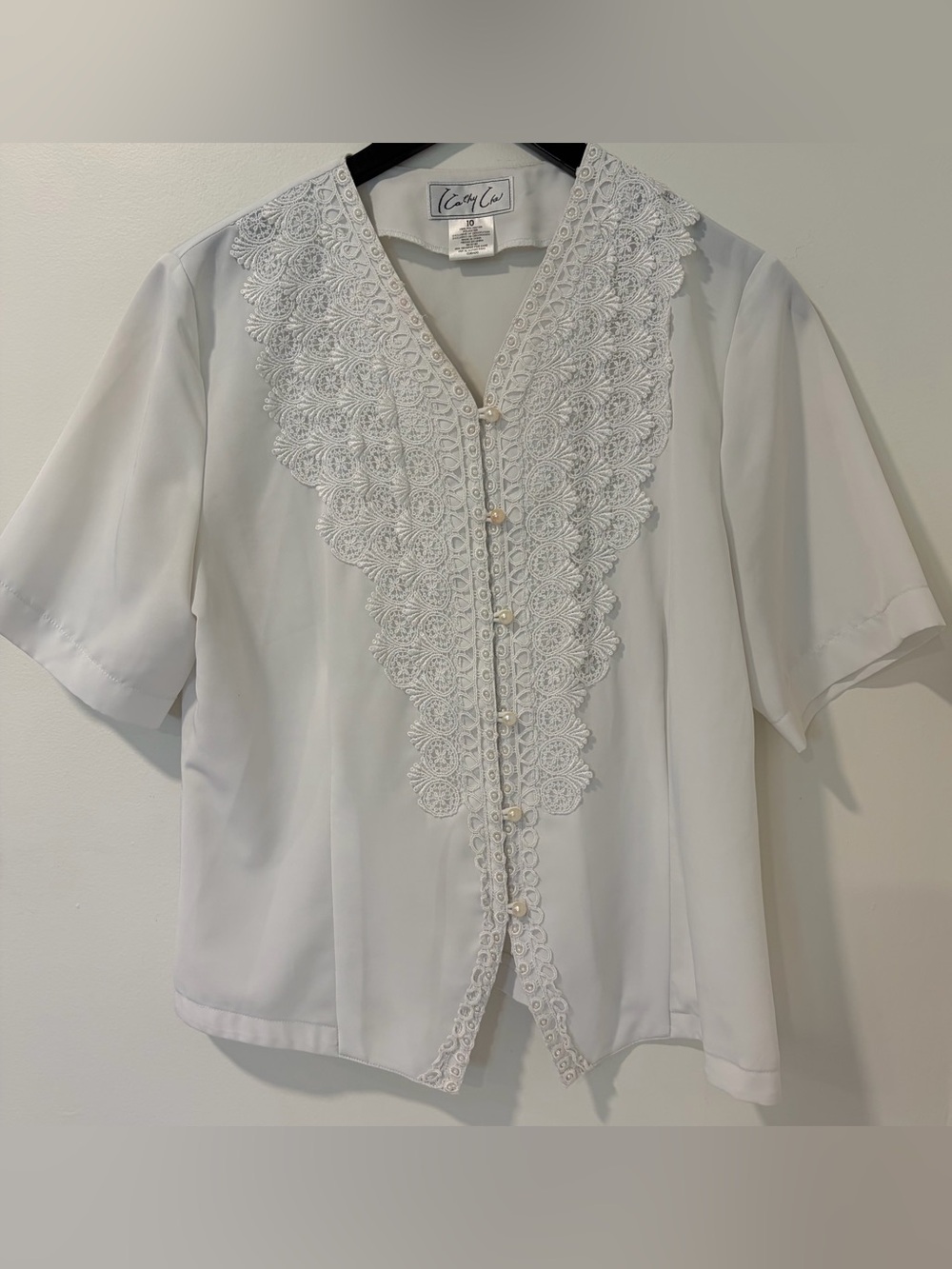 Kathy Che Blouse Women 10 White Lace Trim Pearl Button Victorian Coquette Formal